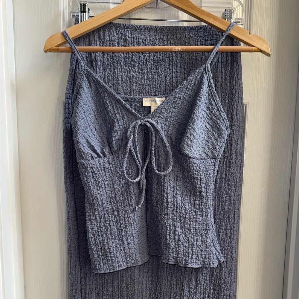 See You Monday textured tie Cami Maxi Skirt Set M NWOT Grey Blue Beachy Resort - Picture 1 of 16